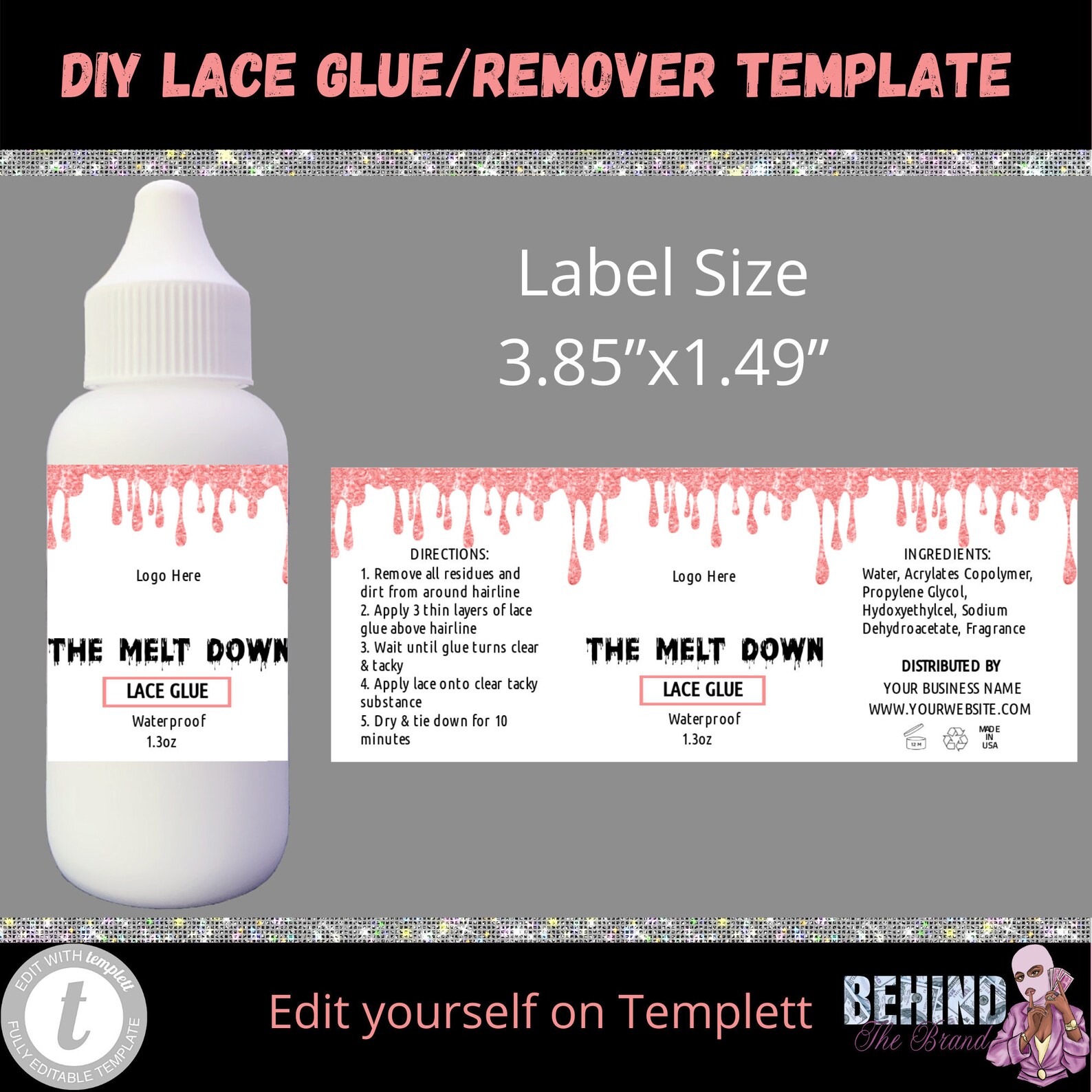 Pink Drip Lace Glue/Remover Label Template Set Etsy