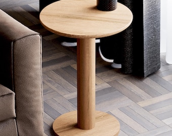 Modern Solid Oak End Table: Round Side Table