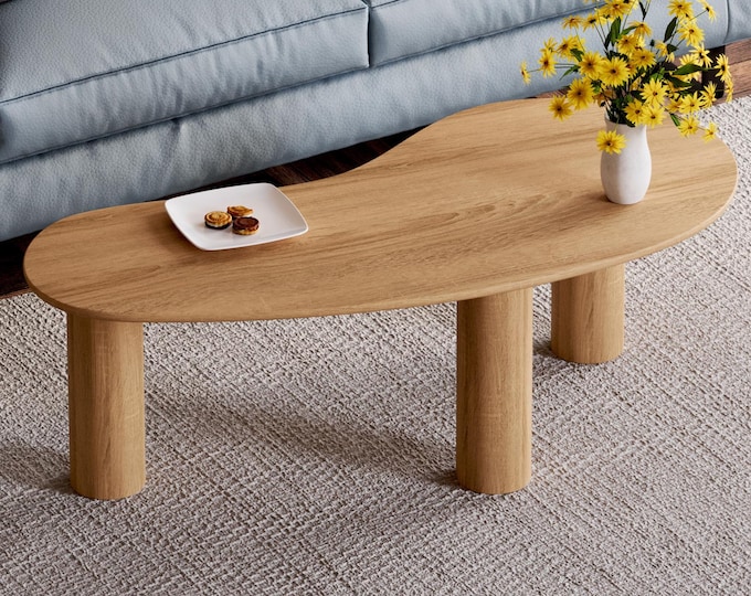 Solid Oak Coffee Table: Modern Bean Shape Scandi Style