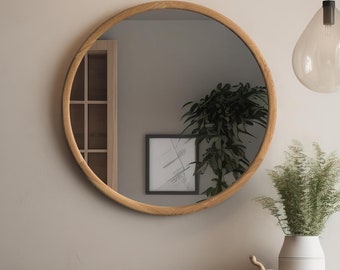 Modern wall mirror - Minimalist Mirror wall - Entry way round mirror - Oak wood frame mirror - Living room mirror - Large wall mirror