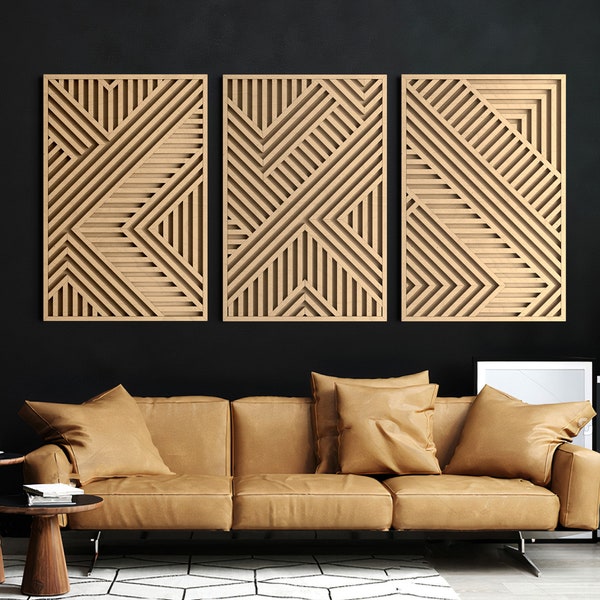 Moderne Holzwandkunst-Set | Geometrische Holz Wandpaneele | Holz Wand Kunst | 3er-Set | Holzdekor | GROSSE Holz Wandpaneele | Holzwandkunst