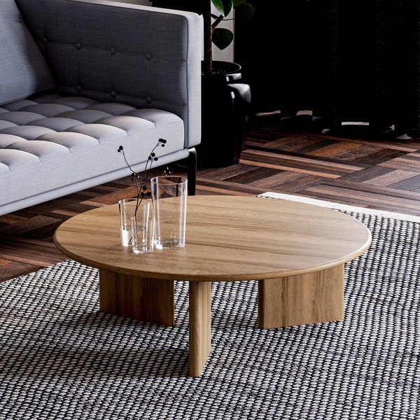 ラウンドコーヒーテーブル - ユニークなコーヒーテーブル - 木製コーヒーテーブル - ミニマリストコーヒーテーブル - オーク無垢材コーヒーテーブル - ミッドセンチュリーコーヒーテーブル