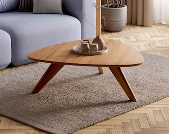 Solid Oak Modern Coffee Table - Organic Triangle Shape Table for Scandinavian Living Room
