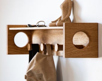 Modern wall hanger - Wooden wall hanger with shelf - Modern wall hook - Scandinavian entryway hanger - Oak coat rack -  Minimalist wall rack