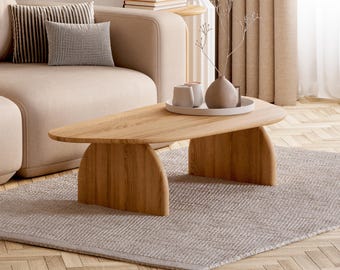 Solid Oak Coffee Table – Modern Scandinavian Coffee Table, Organic Shape, Living Room Furniture