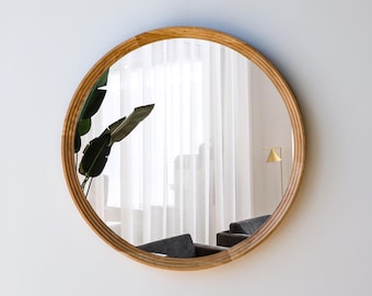 Modern Wall Mirror - Round Wall Mirror - Minimalist Round Mirror - Oak Wood Frame Mirror - Living Room Mirror