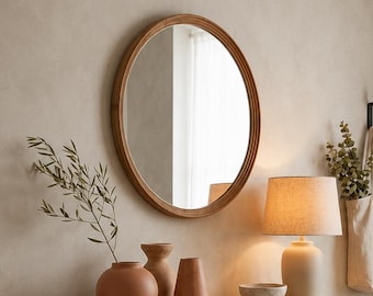 Round Oak Wood Frame Mirror – Modern Minimalist Wall Decor