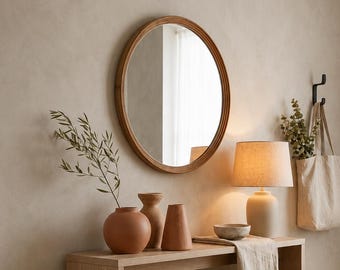Modern Wall Mirror - Round Wall Mirror - Minimalist Round Mirror - Oak Wood Frame Mirror - Living Room Mirror