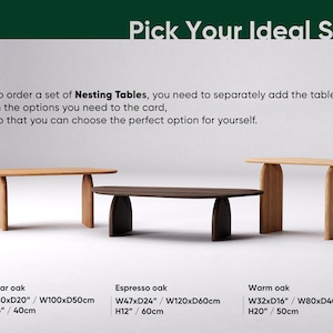 May include: Three wooden nesting tables in clear oak, espresso oak, and warm oak. The clear oak table is 40x20 inches, the espresso oak is 47x24 inches, and the warm oak is 32x16 inches. The image includes the text "Pick Your Ideal Size".