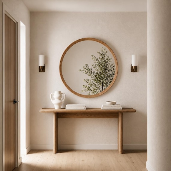 Round Oak Wood Frame Mirror – Modern Minimalist Wall Decor