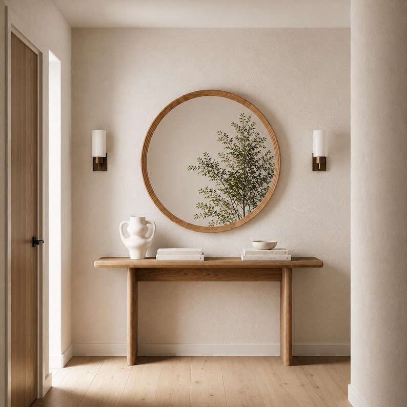 May include: A round wooden mirror hangs above a wooden console table. A white vase, books, and a small bowl sit on the table. Two sconces with white shades and brass bases flank the mirror. The mirror reflects a tree.