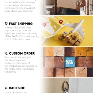 May include: A wood art piece with a description of safe packing, fast shipping, custom order, and backside details. The image shows a person packing a box, a map with a plane, a wooden wall with the text "Custom Order", and a close-up of a hanging hook.