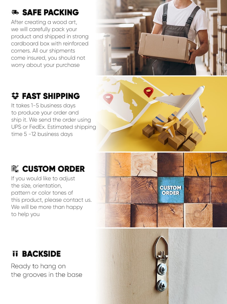May include: A wood art piece with a description of safe packing, fast shipping, custom order, and backside details. The image shows a person packing a box, a map with a plane, a wooden wall with the text "Custom Order", and a close-up of a hanging hook.
