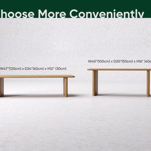 May include: Two light-colored wooden benches are displayed against a white background. The text "Choose More Conveniently" is at the top. The larger bench is 47" (120cm) wide, 24" (60cm) deep, and 12" (30cm) high. The smaller bench is 40" (100cm) wide, 20" (50cm) deep, and 16" (40cm) high.