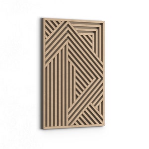 May include: A wooden wall art piece with a geometric pattern of intersecting lines. The piece is made of light brown wood and has a rectangular shape.