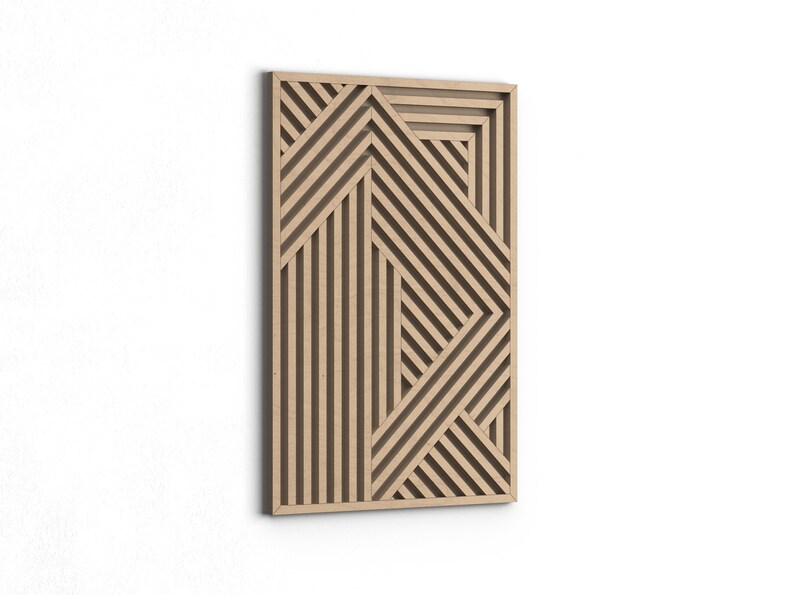 May include: A wooden wall art piece with a geometric pattern of intersecting lines. The piece is made of light brown wood and has a rectangular shape.