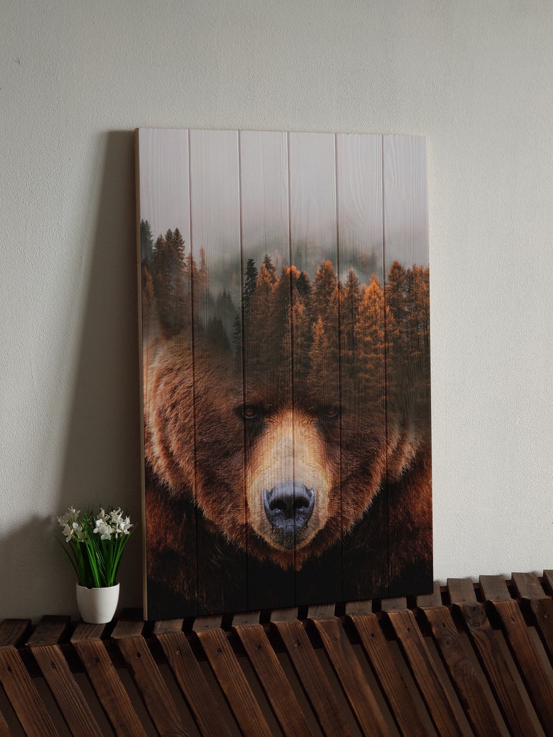 Grizzly bear wall art on wood Modern art Living room decor Etsy