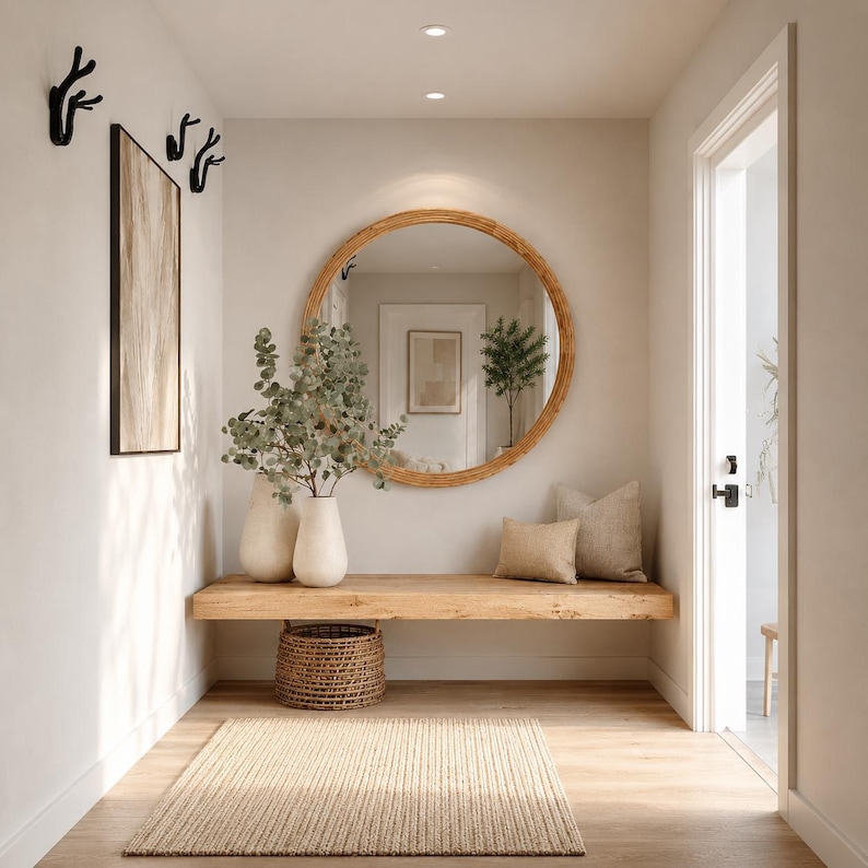 May include: A hallway with a natural wood bench, a round mirror with a woven frame, and a woven basket. Two white vases hold greenery. A beige rug and light wood flooring complete the space. Black antler-shaped hooks hang on the wall.