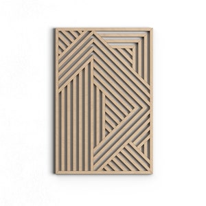 May include: A wooden wall decor with a geometric pattern of intersecting lines. The lines are arranged in a way that creates a series of squares and triangles.