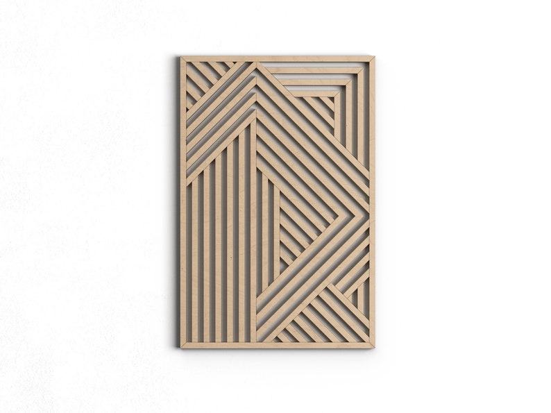 May include: A wooden wall decor with a geometric pattern of intersecting lines. The lines are arranged in a way that creates a series of squares and triangles.
