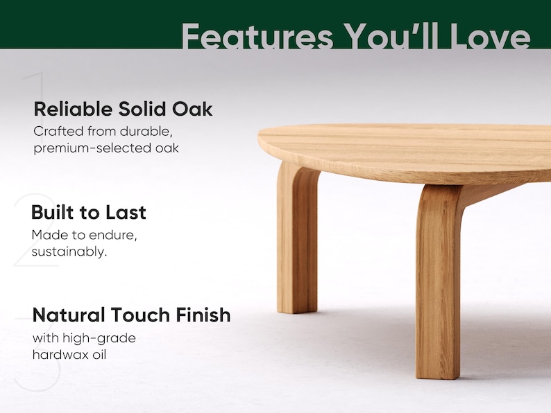 May include: A light brown, solid oak table with rounded edges and curved legs. The image highlights the table's features: "Reliable Solid Oak," "Built to Last," and "Natural Touch Finish." The table is crafted from durable, premium oak.