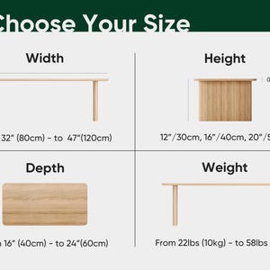 May include: Image showing size options for a table. Includes width from 32" (80cm) to 47" (120cm), height from 12"/30cm to 20"/50cm, depth from 16" (40cm) to 24" (60cm), and weight from 22lbs (10kg) to 58lbs (26kg).