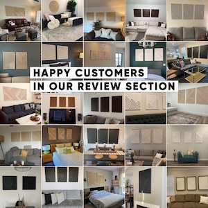 May include: A collage of images showcasing various rooms with geometric wood wall art. The art comes in different colors and patterns, including white, brown, and black. The text "HAPPY CUSTOMERS IN OUR REVIEW SECTION" is displayed in the center of the collage.