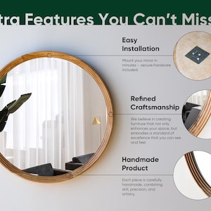 May include: A round, wooden-framed mirror hangs on a white wall. The mirror reflects a room with a window, curtains, and furniture. Text on the image reads "Extra Features You Can't Miss", "Easy Installation", "Refined Craftsmanship", and "Handmade Product".