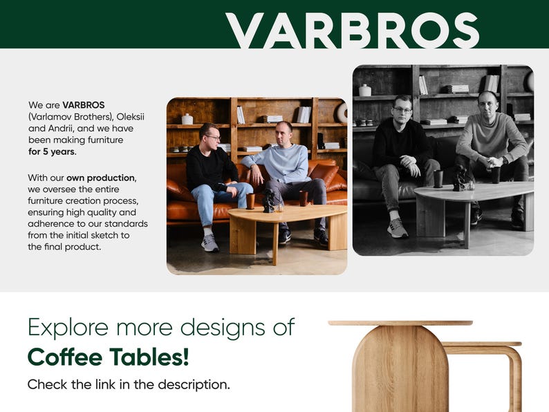 May include: The VARBROS logo is at the top of the image. The image features three men and a wooden coffee table. The text says, "Explore more designs of Coffee Tables! Check the link in the description."