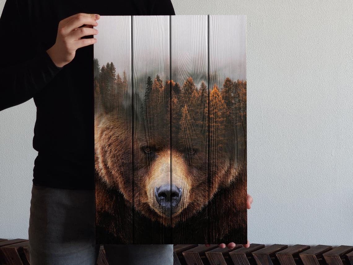Grizzly bear wall art on wood Modern art Living room decor Etsy