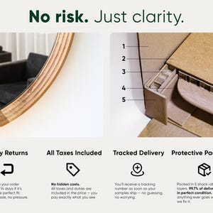 May include: The image shows a round mirror with a wooden frame, and text that reads "No risk. Just clarity." Additional text highlights easy returns, all taxes included, tracked delivery, and protective packaging.