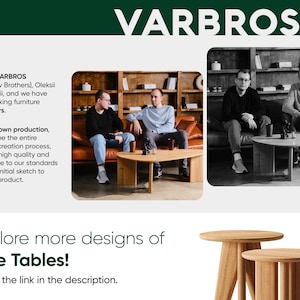 May include: Two wooden side tables with a simple, modern design. The tables are made of natural wood and have a light brown finish. The tables are shown in a room with a couch and two men sitting on it. The text "VARBROS" is visible in the top center of the image. The text "Explore more designs of Side Tables!" is visible at the bottom of the image.