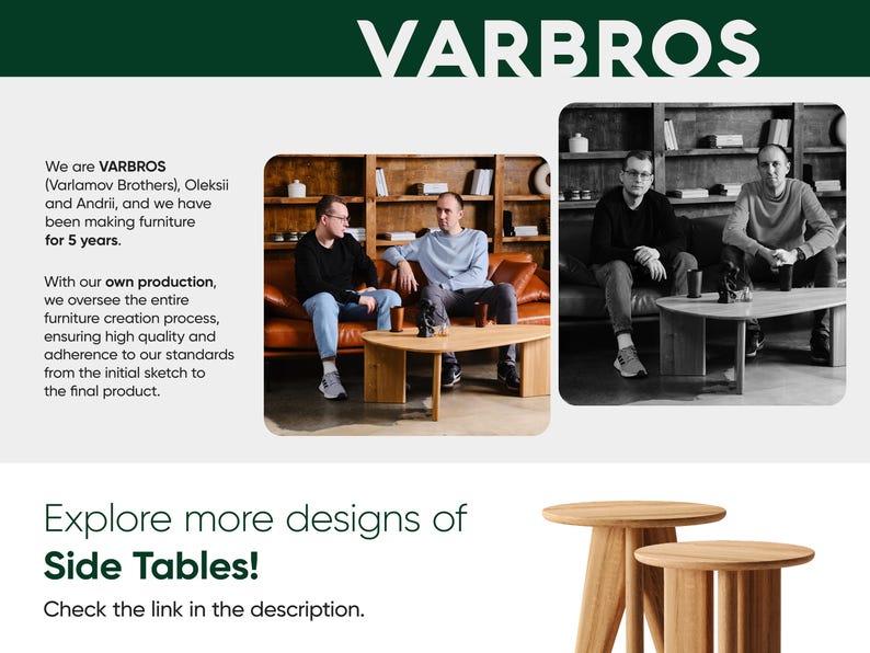 May include: Two wooden side tables with a simple, modern design. The tables are made of natural wood and have a light brown finish. The tables are shown in a room with a couch and two men sitting on it. The text "VARBROS" is visible in the top center of the image. The text "Explore more designs of Side Tables!" is visible at the bottom of the image.