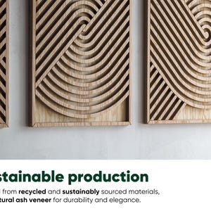 May include: Three wooden wall panels with geometric designs. The panels are made from recycled and sustainably sourced materials with a natural ash veneer.