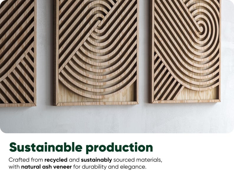 May include: Three wooden wall panels with geometric designs. The panels are made from recycled and sustainably sourced materials with a natural ash veneer.