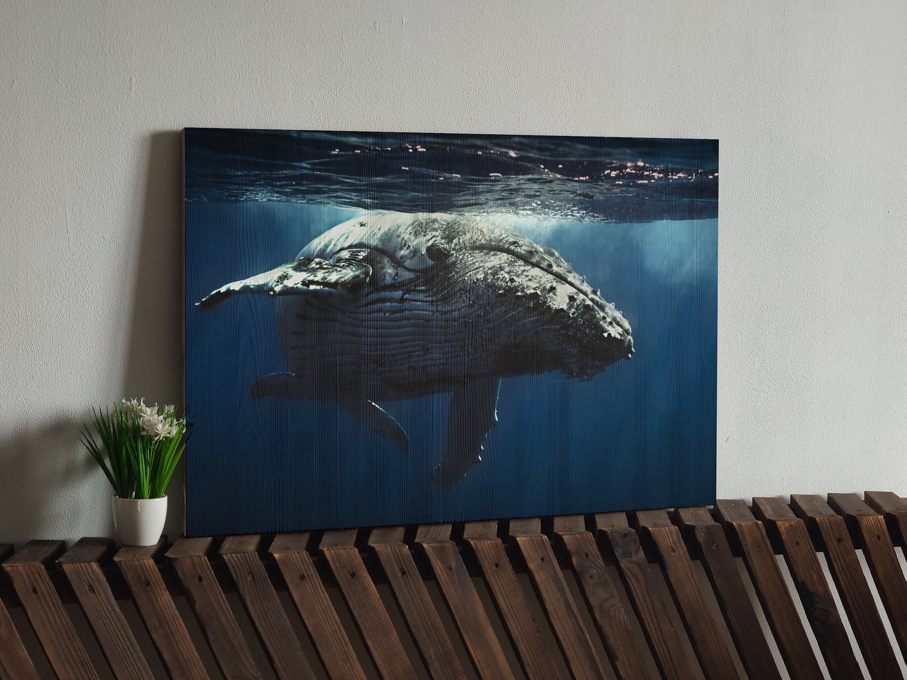 Whale wall art on wood Blue ocean wall decor Underwater Etsy