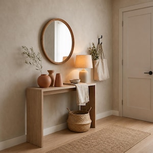 May include: A neutral-toned entryway featuring a wooden console table with a round mirror, a lamp, and decorative vases. A woven basket sits below the table, and a jute rug runs along the floor. A tote bag hangs on the wall.