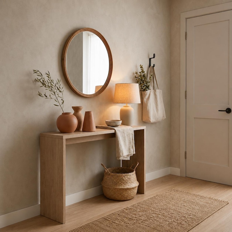 May include: A neutral-toned entryway featuring a wooden console table with a round mirror, a lamp, and decorative vases. A woven basket sits below the table, and a jute rug runs along the floor. A tote bag hangs on the wall.