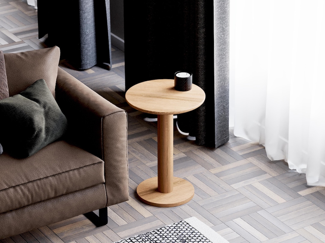 Modern Solid Oak End Table: Round Side Table - Etsy