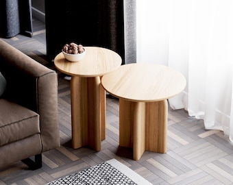 Set of Side Tables - Round Wooden End Table - Solid Oak Wood Table - Nesting Tables for Living Room - Nesting Side Tables