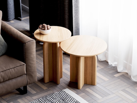 Set of Side Tables - Round Wooden End Table - Solid Oak Wood Table - Nesting Tables for Living Room - Nesting Side Tables