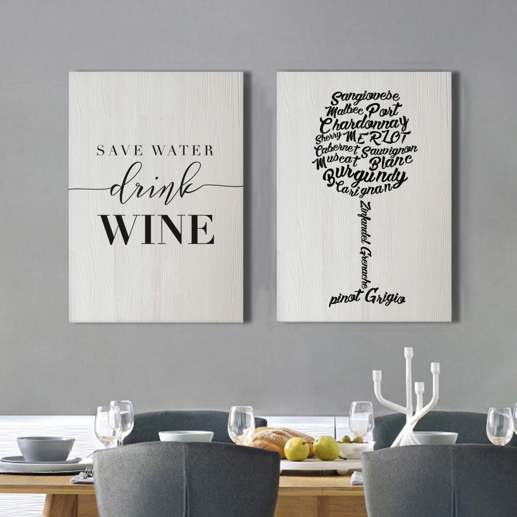Wine print on wood Wine decor Wine lover gift Set of 2 Etsy