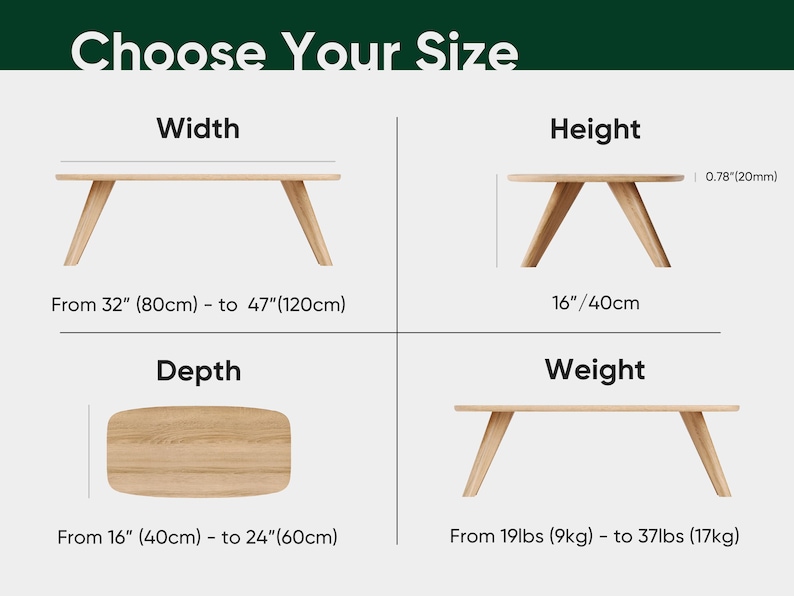 May include: Image showing size options for a wooden table. The text "Choose Your Size" is at the top. Dimensions include width from 32" (80cm) to 47" (120cm), height at 16"/40cm, depth from 16" (40cm) to 24" (60cm), and weight from 19lbs (9kg) to 37lbs (17kg).