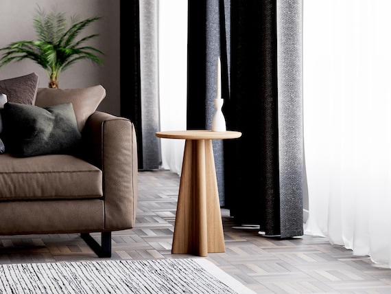 Solid Oak Round End Table: Modern Living Room Side Table
