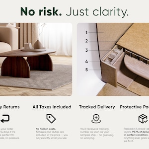 May include: The image shows a modern wooden coffee table with a unique design, alongside a detailed view of protective packaging. Text reads "No risk. Just clarity." and highlights features like easy returns and tracked delivery.