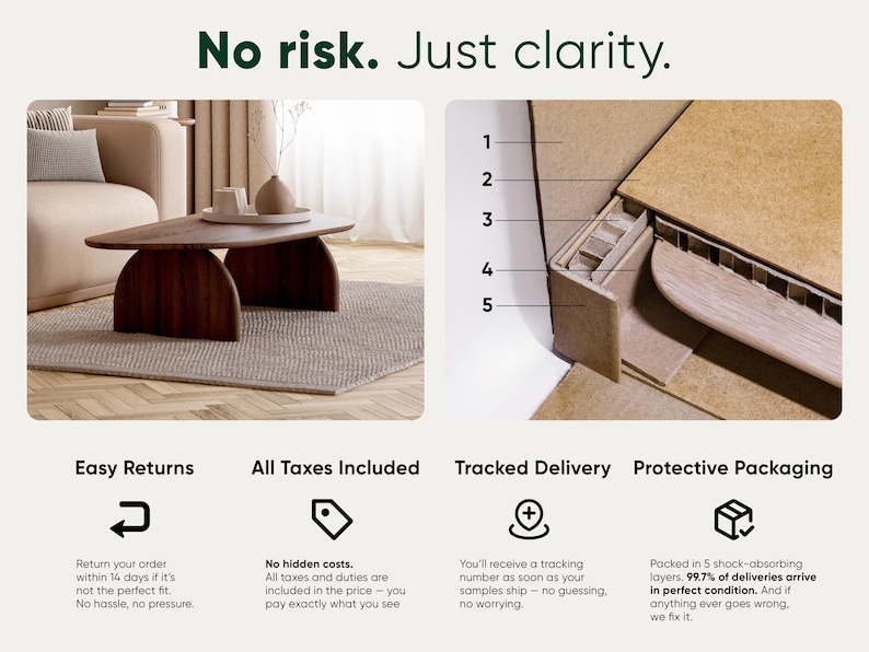 May include: The image shows a modern wooden coffee table with a unique design, alongside a detailed view of protective packaging. Text reads "No risk. Just clarity." and highlights features like easy returns and tracked delivery.