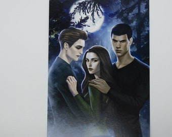 May include: A canvas print featuring three figures in a forest setting under a full moon. The central figure is a woman with long dark hair, flanked by two men. The artwork has a fantasy theme with a dark, moody color palette.