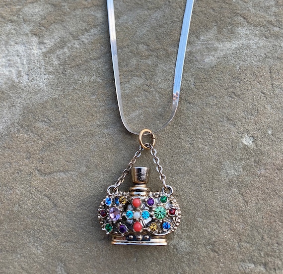 Mid Century Jeweled Perfume Flask Charm Necklace