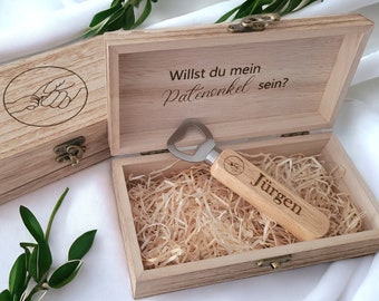 Patenonkel fragen Geschenk Flaschenöffner in Holzbox mit Gravur personalisiert Taufpate Erinnerungskiste