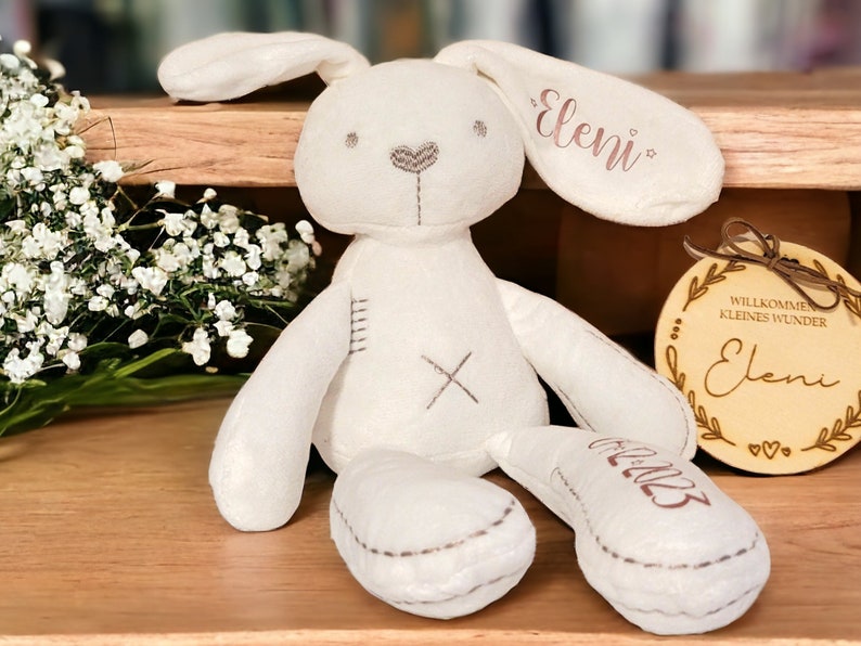 Personalisiertes Kuscheltier Hase Stofftier Kuscheltier Geschenk zur Geburt Taufe Baby-Party Schmusetier mit Namen Geburtsdatum Boy Girl Bild 2